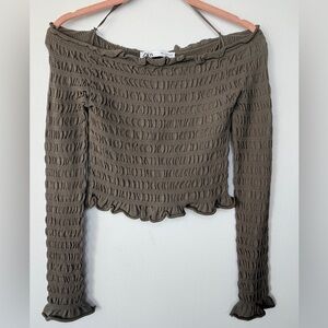 Zara Olive Green Smocked Crop Top – Long Sleeve – Size M